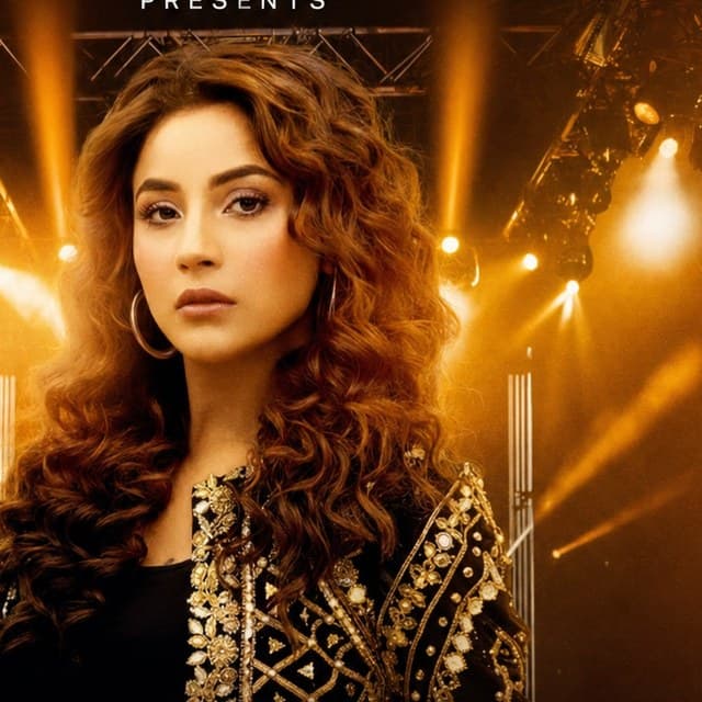 Shehnaaz Gill in a black and gold embellished jacket, amber stage lighting behind her