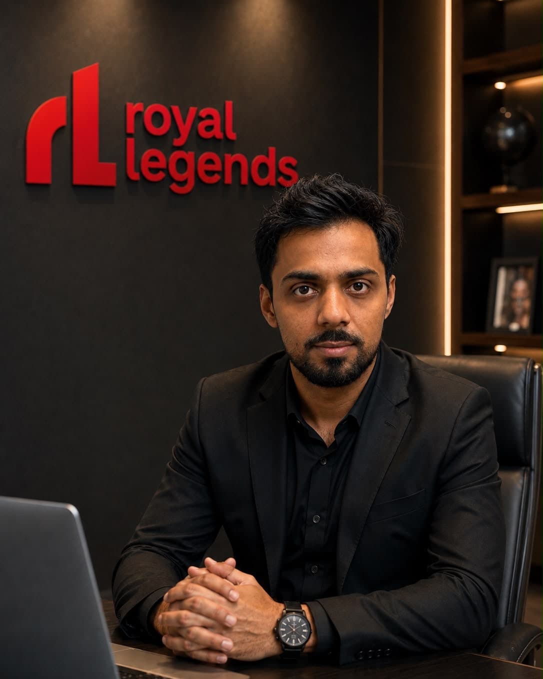 Jawad Sharif, Managing Director of Royal Legends, at his desk beneath the Royal Legends wordmark