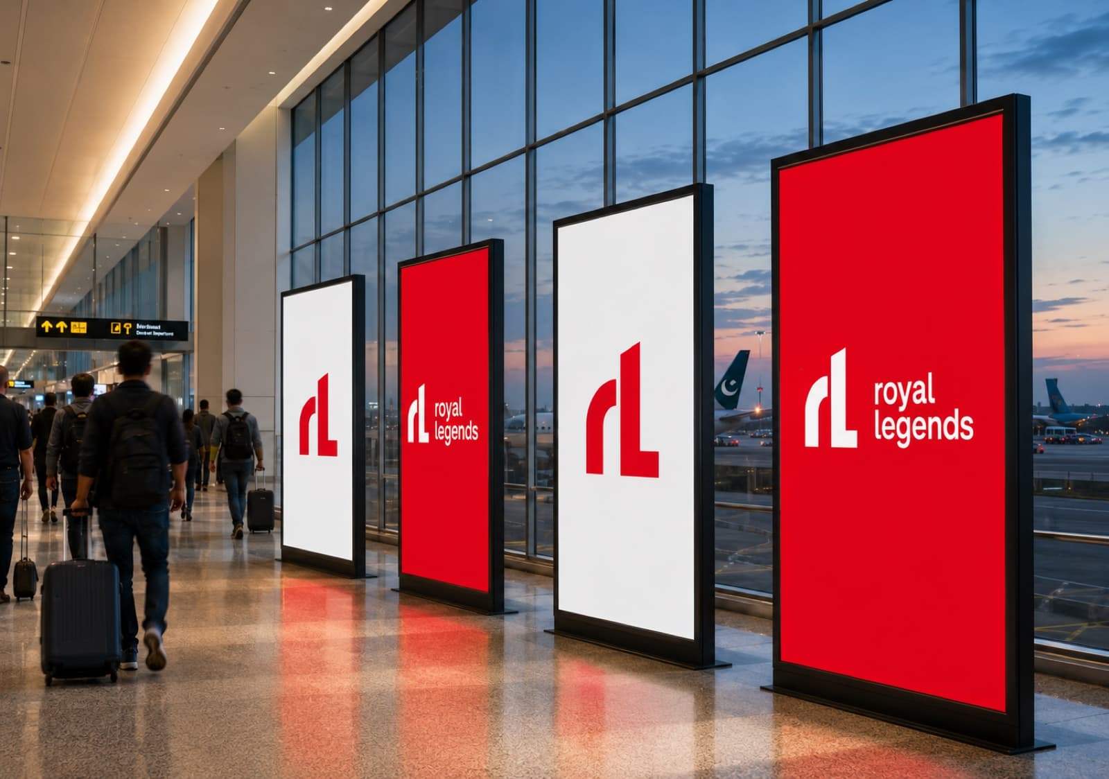 A row of Royal Legends light boxes along an airport window wall at dusk, aircraft on the apron beyond