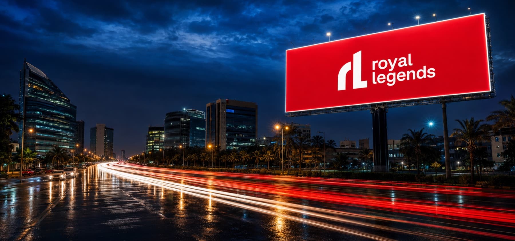 Illuminated Royal Legends billboard above a city arterial road at night, traffic light trails on wet asphalt