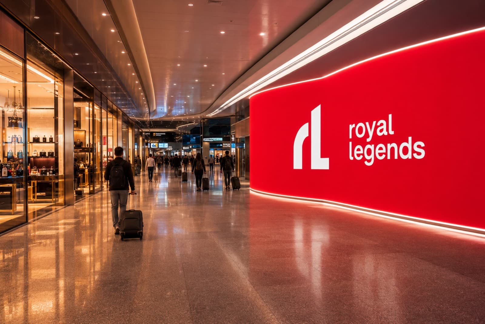 A backlit red Royal Legends media wall facing the duty-free concourse