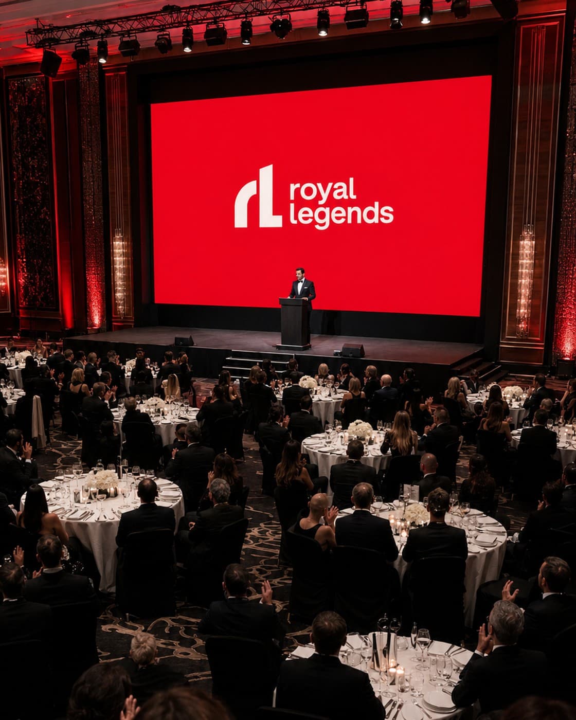A black-tie gala dinner facing a Royal Legends screen above the stage