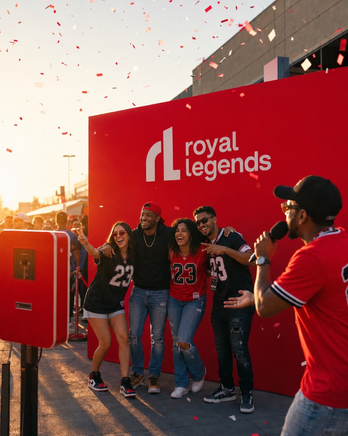 Fans posing for a photo against a red Royal Legends wall at golden hour, confetti in the air