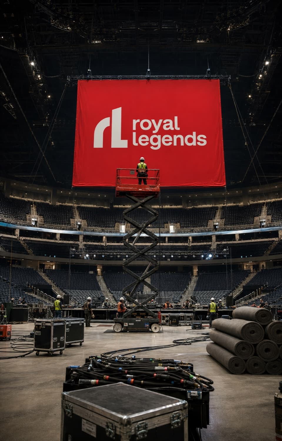 Crew on a scissor lift rigging a huge red Royal Legends banner in an empty arena during build