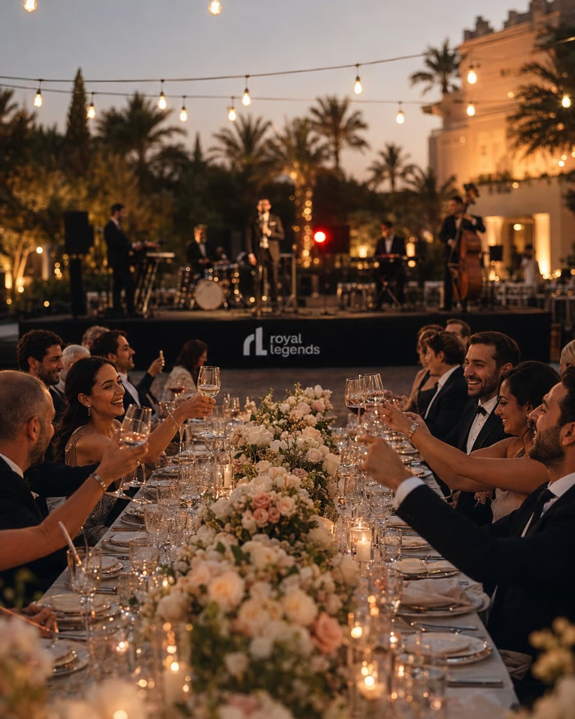 A long wedding banquet table at dusk under festoon lights, guests raising a toast toward a live band